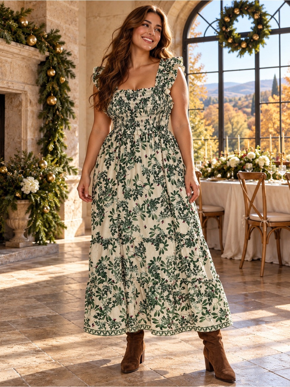 🐞Max Studio Cream Maxi Dress with Green Floral Pattern